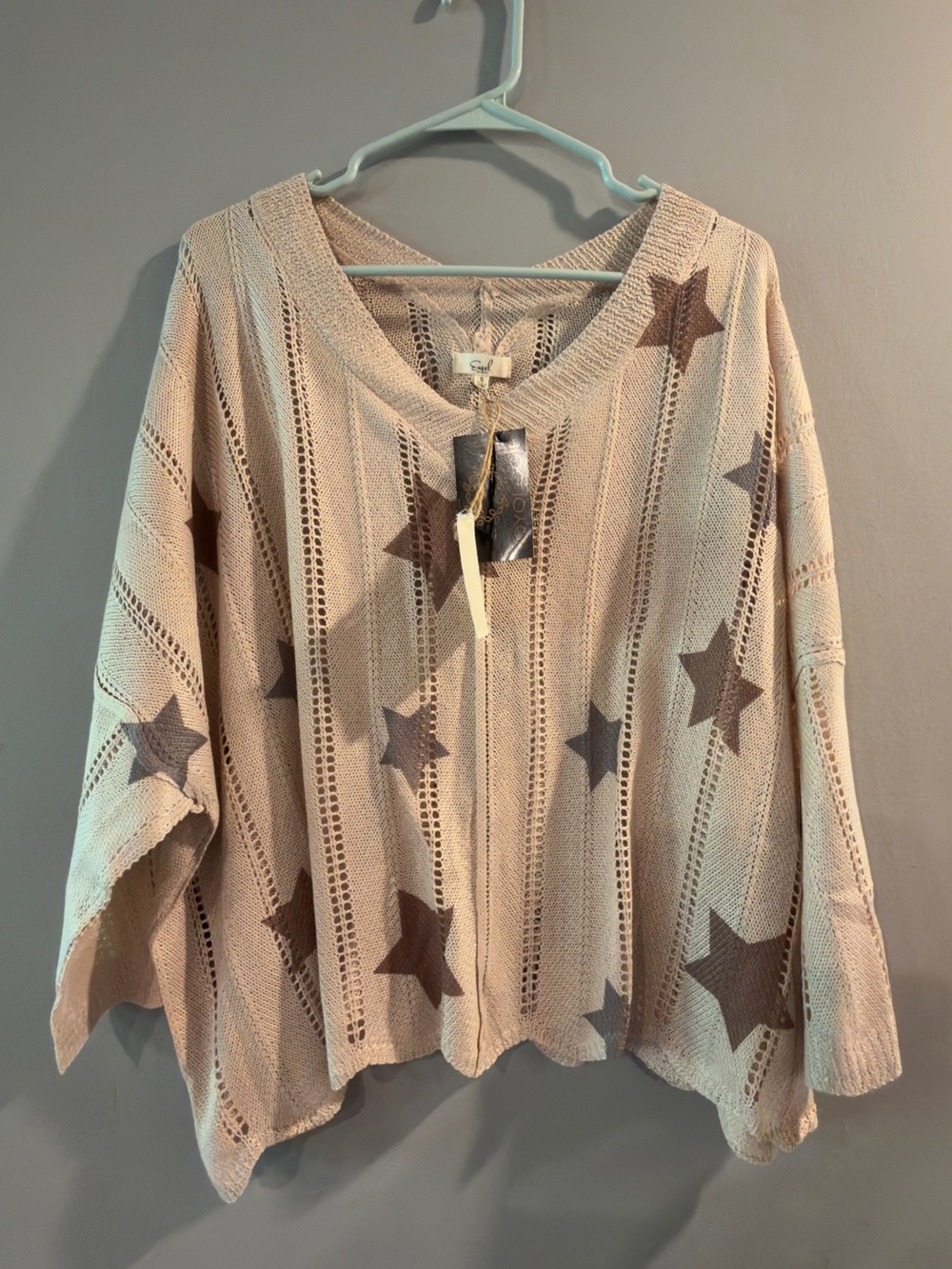 easel Beige Open-Weave V-Neck Sweater with Brown Star Motif